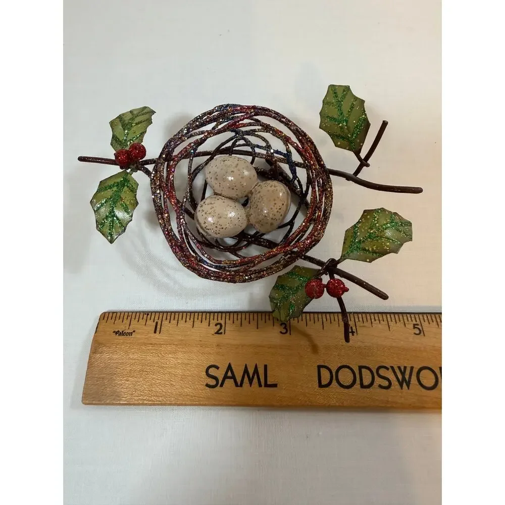 Lot of 4 Bird Christmas Ornaments Glitter Cardinal Jeweled Silver Nest